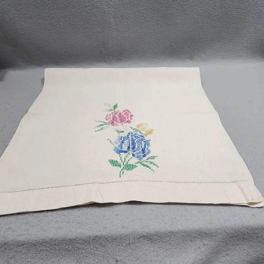 Handmade CrossStitch Embroidered Cotton Dish Hand Towel Pink-Blue Roses 32